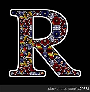 initial capital letter R with colorful dots. Abstract design inspired in mexican huichol beaded craft art style. Isolated on black background