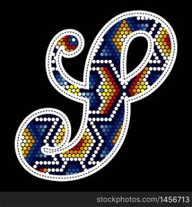 initial capital letter S with colorful dots. Abstract design inspired in mexican huichol beaded craft art style. Isolated on black background