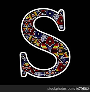 initial capital letter S with colorful dots. Abstract design inspired in mexican huichol beaded craft art style. Isolated on black background