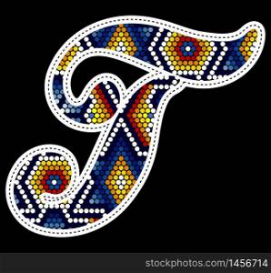 initial capital letter T with colorful dots. Abstract design inspired in mexican huichol beaded craft art style. Isolated on black background