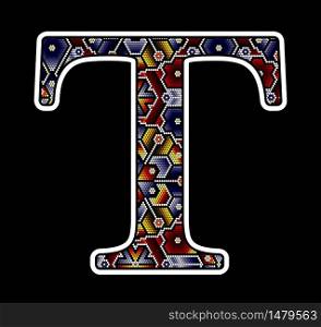 initial capital letter T with colorful dots. Abstract design inspired in mexican huichol beaded craft art style. Isolated on black background