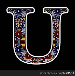 initial capital letter U with colorful dots. Abstract design inspired in mexican huichol beaded craft art style. Isolated on black background