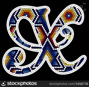 initial capital letter X with colorful dots. Abstract design inspired in mexican huichol beaded craft art style. Isolated on black background