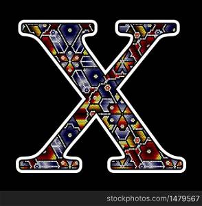 initial capital letter X with colorful dots. Abstract design inspired in mexican huichol beaded craft art style. Isolated on black background