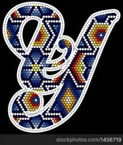 initial capital letter Y with colorful dots. Abstract design inspired in mexican huichol beaded craft art style. Isolated on black background