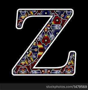 initial capital letter Z with colorful dots. Abstract design inspired in mexican huichol beaded craft art style. Isolated on black background