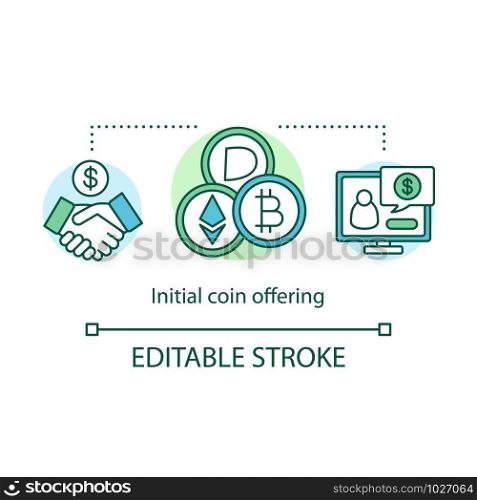 Initial coin offering concept icon. Cryptocurrency funding idea thin line illustration. Selling bitcoins to investor. Peer to peer network. Vector isolated outline drawing. Editable stroke