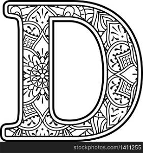initial d in black and white with doodle ornaments and design elements from mandala art style for coloring. Isolated on white background