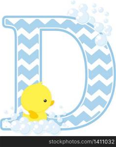 initial d with bubbles and little baby rubber duck isolated on white background. can be used for baby boy birth announcements, nursery decoration, party theme or birthday invitation