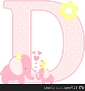 initial d with cute elephant and little baby elephant isolated on white. can be used for mother&rsquo;s day card, baby girl birth announcements, nursery decoration, party theme or birthday invitation