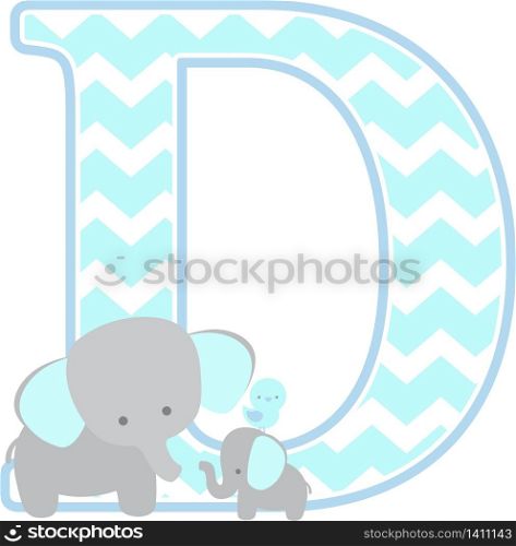initial d with cute elephant and little baby elephant isolated on white background. can be used for father&rsquo;s day card, baby boy birth announcements, nursery decoration, party theme or birthday invitation