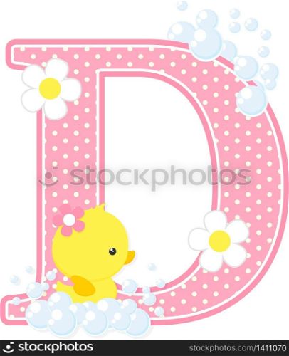 initial d with flowers and cute rubber duck isolated on white. can be used for baby girl birth announcements, nursery decoration, party theme or birthday invitation. Design for baby girl