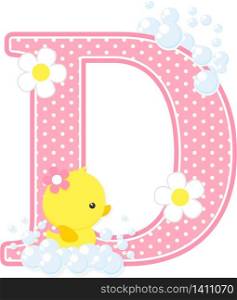 initial d with flowers and cute rubber duck isolated on white. can be used for baby girl birth announcements, nursery decoration, party theme or birthday invitation. Design for baby girl