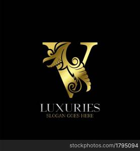 Initial Decorative luxury V Golden letter logo design template vector.
