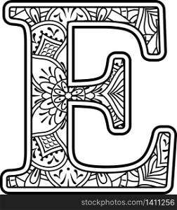 initial e in black and white with doodle ornaments and design elements from mandala art style for coloring. Isolated on white background