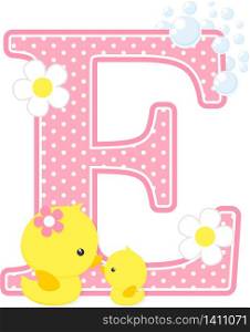 initial e with bubbles and cute rubber duck isolated on white. can be used for baby girl birth announcements, nursery decoration, party theme or birthday invitation. Design for baby girl