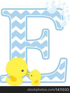 initial e with bubbles and little baby rubber duck isolated on white background. can be used for baby boy birth announcements, nursery decoration, party theme or birthday invitation