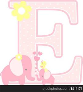 initial e with cute elephant and little baby elephant isolated on white. can be used for mother&rsquo;s day card, baby girl birth announcements, nursery decoration, party theme or birthday invitation
