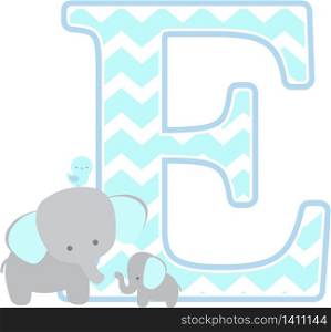 initial e with cute elephant and little baby elephant isolated on white background. can be used for father&rsquo;s day card, baby boy birth announcements, nursery decoration, party theme or birthday invitation