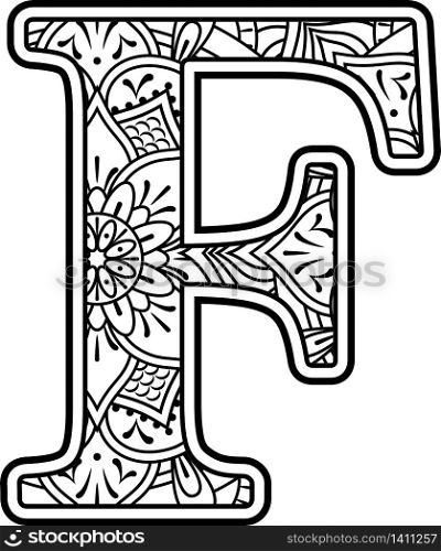 initial f in black and white with doodle ornaments and design elements from mandala art style for coloring. Isolated on white background