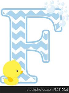 initial f with bubbles and little baby rubber duck isolated on white background. can be used for baby boy birth announcements, nursery decoration, party theme or birthday invitation