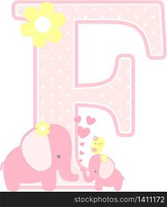 initial f with cute elephant and little baby elephant isolated on white. can be used for mother&rsquo;s day card, baby girl birth announcements, nursery decoration, party theme or birthday invitation