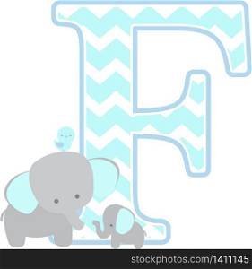 initial f with cute elephant and little baby elephant isolated on white background. can be used for father&rsquo;s day card, baby boy birth announcements, nursery decoration, party theme or birthday invitation