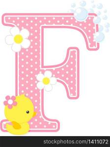 initial f with flowers and cute rubber duck isolated on white. can be used for baby girl birth announcements, nursery decoration, party theme or birthday invitation. Design for baby girl