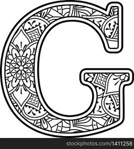 initial g in black and white with doodle ornaments and design elements from mandala art style for coloring. Isolated on white background