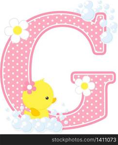 initial g with bubbles and cute rubber duck isolated on white. can be used for baby girl birth announcements, nursery decoration, party theme or birthday invitation. Design for baby girl
