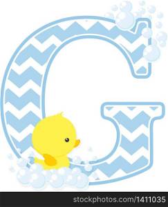 initial g with bubbles and little baby rubber duck isolated on white background. can be used for baby boy birth announcements, nursery decoration, party theme or birthday invitation