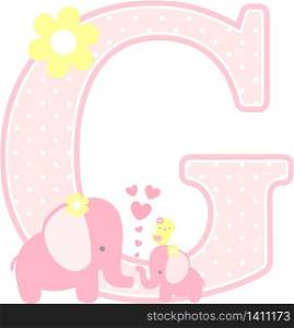 initial g with cute elephant and little baby elephant isolated on white. can be used for mother&rsquo;s day card, baby girl birth announcements, nursery decoration, party theme or birthday invitation
