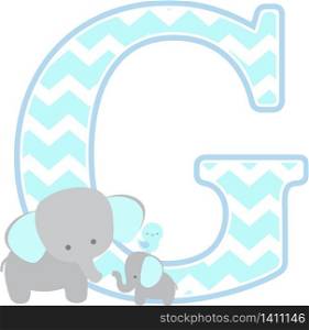 initial g with cute elephant and little baby elephant isolated on white background. can be used for father&rsquo;s day card, baby boy birth announcements, nursery decoration, party theme or birthday invitation