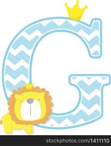 initial g with cute little lion king with golden crown isolated on white background. can be used for father&rsquo;s day card, baby boy birth announcements, nursery decoration, party theme or birthday invitation