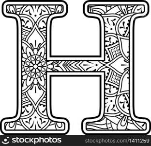 initial h in black and white with doodle ornaments and design elements from mandala art style for coloring. Isolated on white background