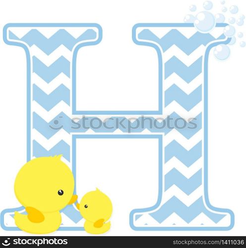 initial h with bubbles and little baby rubber duck isolated on white background. can be used for baby boy birth announcements, nursery decoration, party theme or birthday invitation