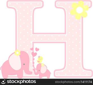 initial h with cute elephant and little baby elephant isolated on white. can be used for mother&rsquo;s day card, baby girl birth announcements, nursery decoration, party theme or birthday invitation