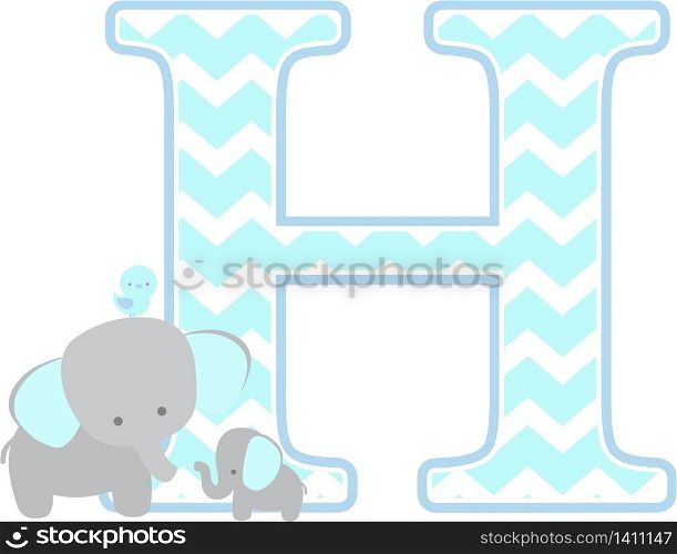 initial h with cute elephant and little baby elephant isolated on white background. can be used for father&rsquo;s day card, baby boy birth announcements, nursery decoration, party theme or birthday invitation