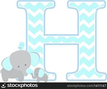 initial h with cute elephant and little baby elephant isolated on white background. can be used for father&rsquo;s day card, baby boy birth announcements, nursery decoration, party theme or birthday invitation