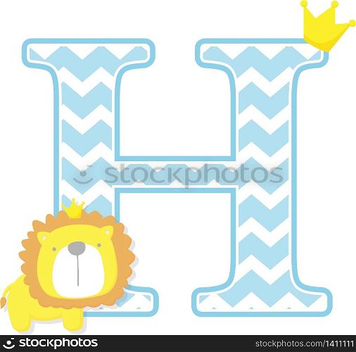 initial h with cute little lion king with golden crown isolated on white background. can be used for father&rsquo;s day card, baby boy birth announcements, nursery decoration, party theme or birthday invitation