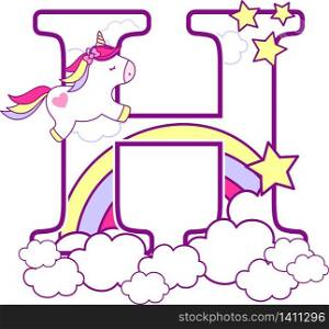 initial h with cute unicorn and rainbow. can be used for baby birth announcements, nursery decoration, party theme or birthday invitation. Design for baby and children