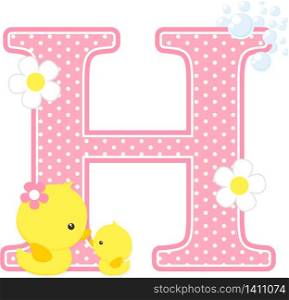 initial h with flowers and cute rubber duck isolated on white. can be used for baby girl birth announcements, nursery decoration, party theme or birthday invitation. Design for baby girl