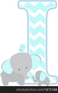 initial i with cute elephant and little baby elephant isolated on white background. can be used for father&rsquo;s day card, baby boy birth announcements, nursery decoration, party theme or birthday invitation