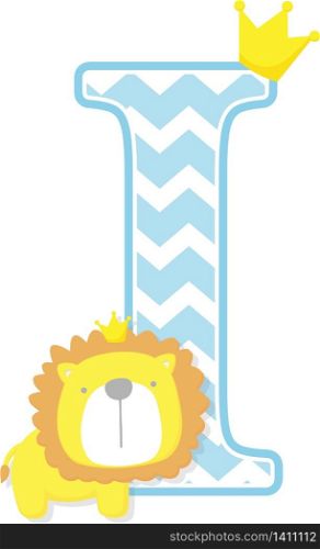 initial i with cute little lion king with golden crown isolated on white background. can be used for father&rsquo;s day card, baby boy birth announcements, nursery decoration, party theme or birthday invitation