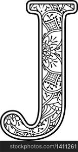 initial j in black and white with doodle ornaments and design elements from mandala art style for coloring. Isolated on white background