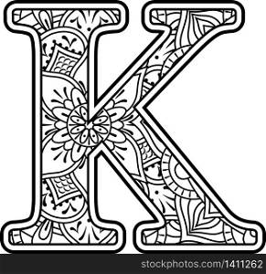 initial k in black and white with doodle ornaments and design elements from mandala art style for coloring. Isolated on white background