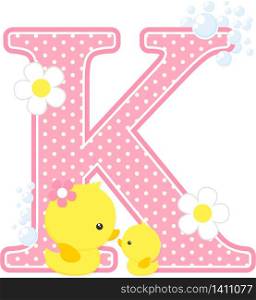 initial k with bubbles and cute rubber duck isolated on white. can be used for baby girl birth announcements, nursery decoration, party theme or birthday invitation. Design for baby girl