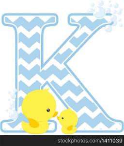 initial k with bubbles and little baby rubber duck isolated on white background. can be used for baby boy birth announcements, nursery decoration, party theme or birthday invitation