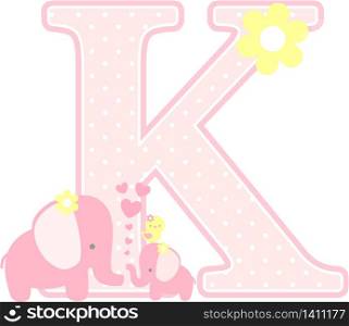 initial k with cute elephant and little baby elephant isolated on white. can be used for mother&rsquo;s day card, baby girl birth announcements, nursery decoration, party theme or birthday invitation