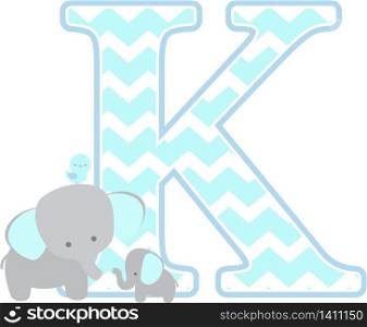 initial k with cute elephant and little baby elephant isolated on white background. can be used for father&rsquo;s day card, baby boy birth announcements, nursery decoration, party theme or birthday invitation